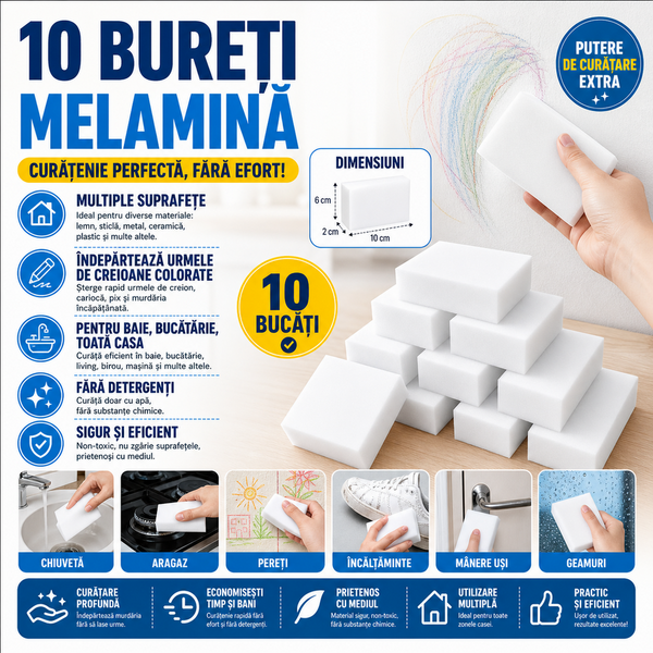 10+10 GRATIS Bureti magici melamina -  2x6x10cm, Alb