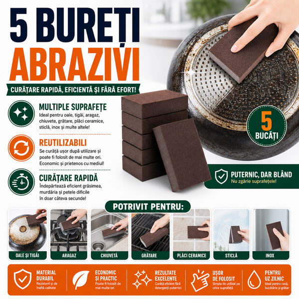 5+5 GRATIS Bureti Abrazivi pentru Indepartarea Grasimii Arse