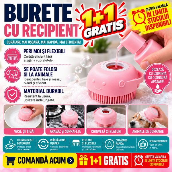 1+1 GRATIS Burete de baie din silicon cu dozator, Mini Soft Brush, reutilizabilla, pentru adulti, copii, animale de companie, Roz