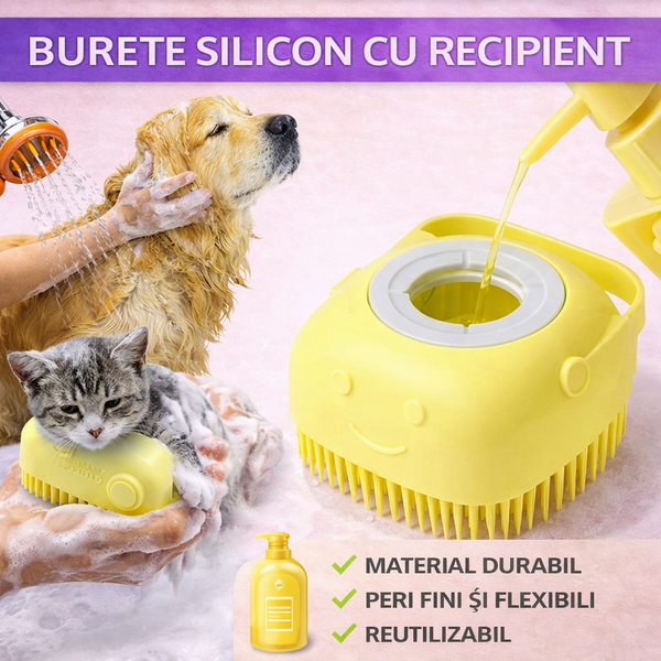1+1 GRATIS Burete de baie din silicon cu dozator, Mini Soft Brush, reutilizabilla, pentru adulti, copii, animale de companie, Galben