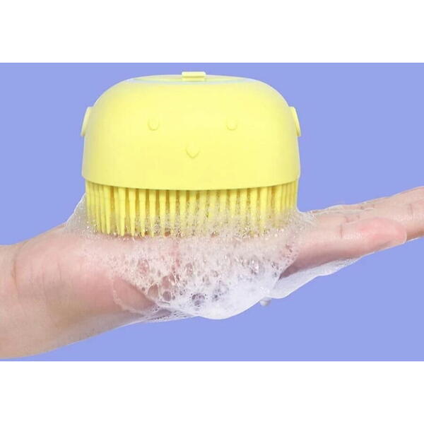 1+1 GRATIS Burete de baie din silicon cu dozator, Mini Soft Brush, reutilizabilla, pentru adulti, copii, animale de companie, Galben