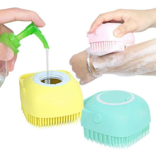 1+1 GRATIS Burete de baie din silicon cu dozator, Mini Soft Brush, reutilizabilla, pentru adulti, copii, animale de companie, Galben