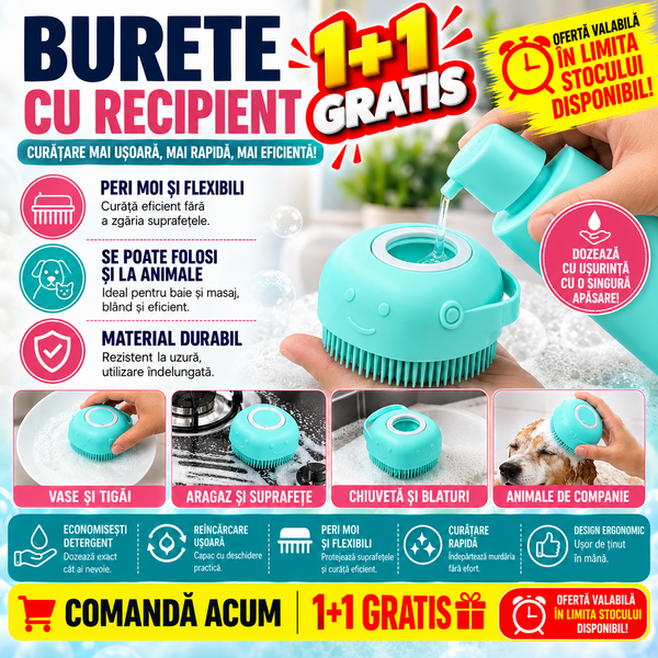 1+1 GRATIS Burete de baie din silicon cu dozator, Mini Soft Brush, reutilizabilla, pentru adulti, copii, animale de companie, Turcoaz