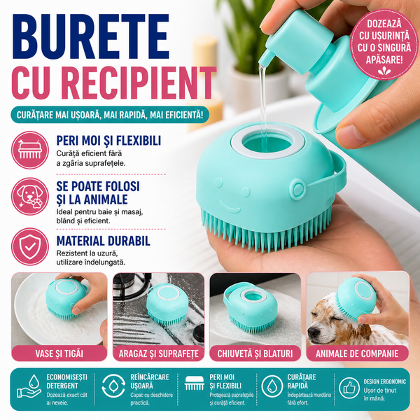 1+1 GRATIS Burete de baie din silicon cu dozator, Mini Soft Brush, reutilizabilla, pentru adulti, copii, animale de companie, Turcoaz