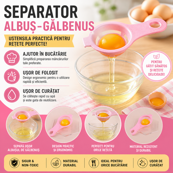 1+1 GRATIS Separator pentru oua, Aparat de separat Albusul de Galbenus usor si eficient, Roz