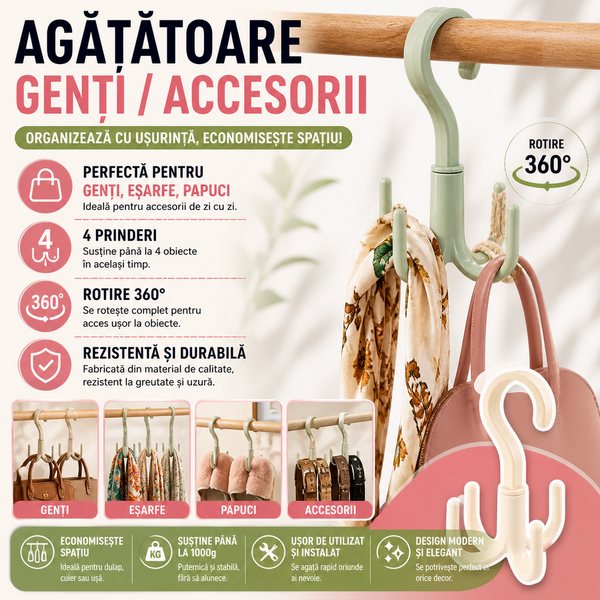 1+1 GRATIS Agatatoare geanta si accesorii, tip carlig, cu 4 prinderi