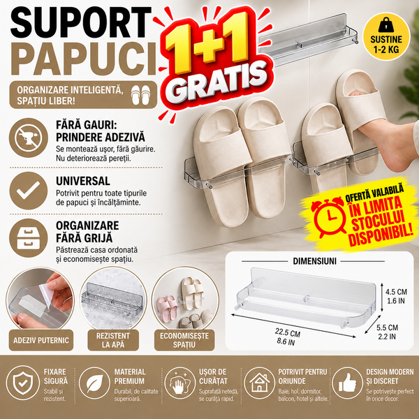 1+1 GRATIS Suport pentru papuci, prindere cu sistem dublu adeziv inclus, Transparent
