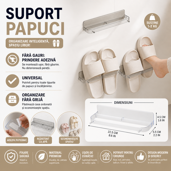 1+1 GRATIS Suport pentru papuci, prindere cu sistem dublu adeziv inclus, Transparent