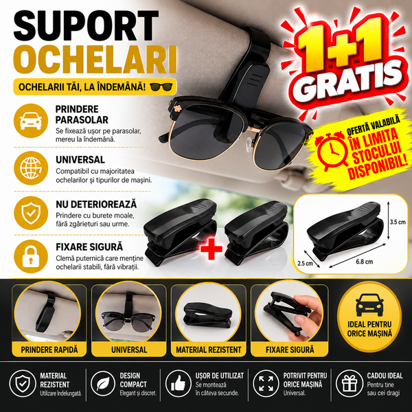 1+1 GRATIS Suport pentru ochelari, prindere la parasolar