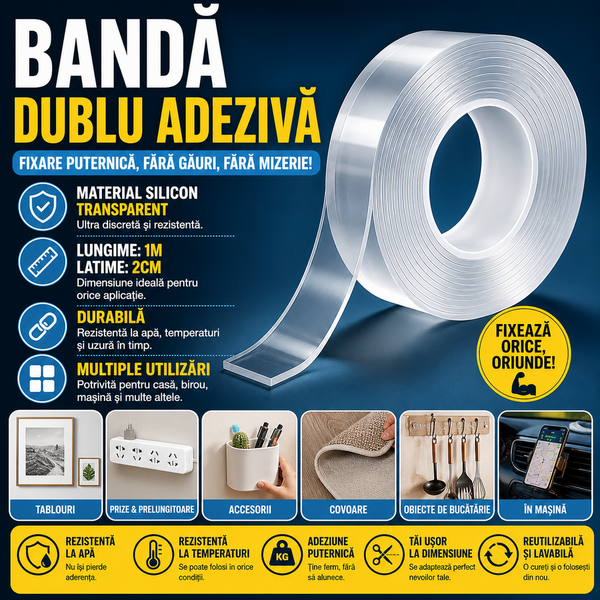 1+1 GRATIS Banda dublu adeziva silicon, 20 mm x 1 m, SMART Nano Magic Tape