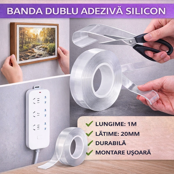 1+1 GRATIS Banda dublu adeziva silicon, 20 mm x 1 m, SMART Nano Magic Tape