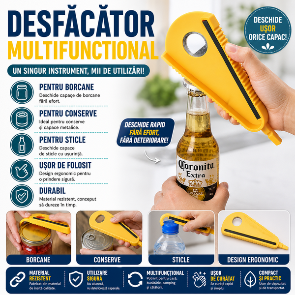1+1 GRATIS Desfacator multifunctional pentru conserve/sticle/borcane, ABS/Cauciuc, Galben