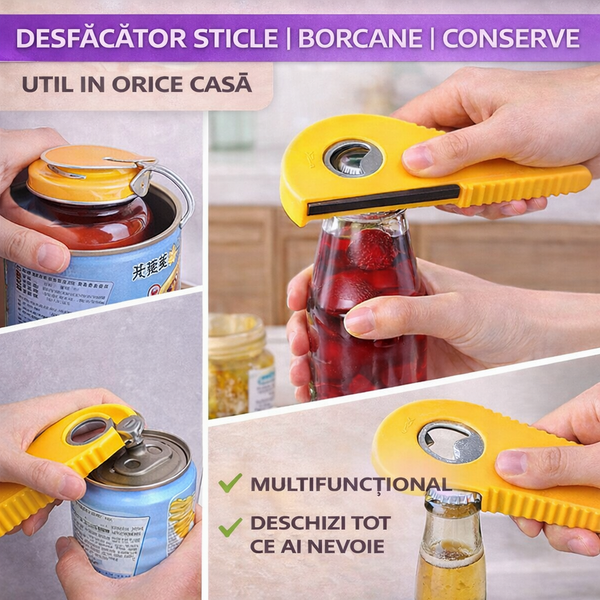 1+1 GRATIS Desfacator multifunctional pentru conserve/sticle/borcane, ABS/Cauciuc, Galben