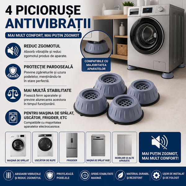 1+1 GRATIS Set 4 picioruse, anti-zgomot si antiderapante, suporti amortizare vibratii masina de spalat, amortizoare uscator de rufe, frigider