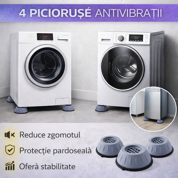 1+1 GRATIS Set 4 picioruse, anti-zgomot si antiderapante, suporti amortizare vibratii masina de spalat, amortizoare uscator de rufe, frigider
