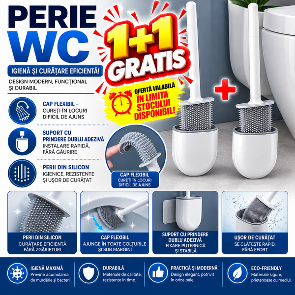 1+1 GRATIS Perie de WC cu cap flexibil, cu suport, prindere pe perete cu sistem banda adeziva inclus