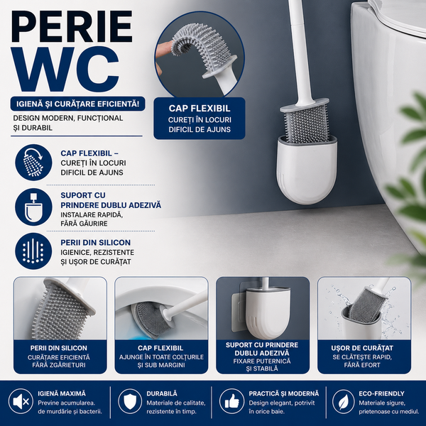 1+1 GRATIS Perie de WC cu cap flexibil, cu suport, prindere pe perete cu sistem banda adeziva inclus