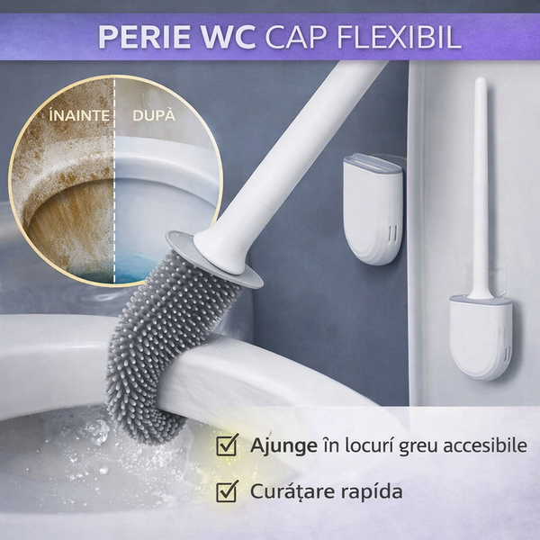 1+1 GRATIS Perie de WC cu cap flexibil, cu suport, prindere pe perete cu sistem banda adeziva inclus