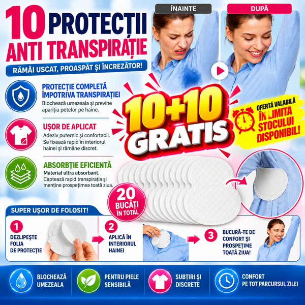 10+10 GRATISTampoane Absorbante Anti Transpiratie pentru axila, autoadezive, Unisex