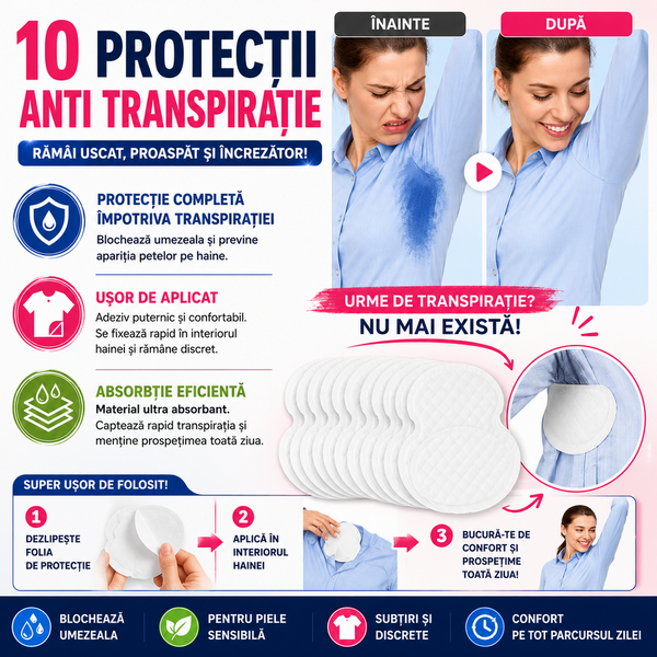 10+10 GRATISTampoane Absorbante Anti Transpiratie pentru axila, autoadezive, Unisex