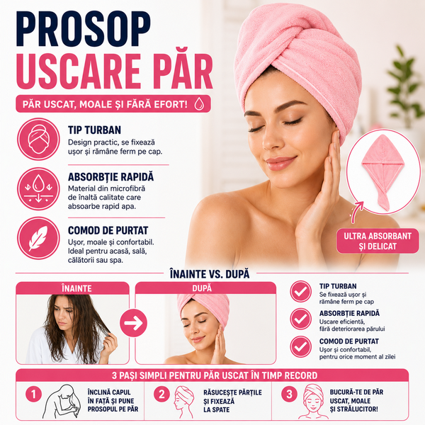 1+1 GRATIS Prosop pentru uscarea parului, tip Turban, din microfibra, Corai