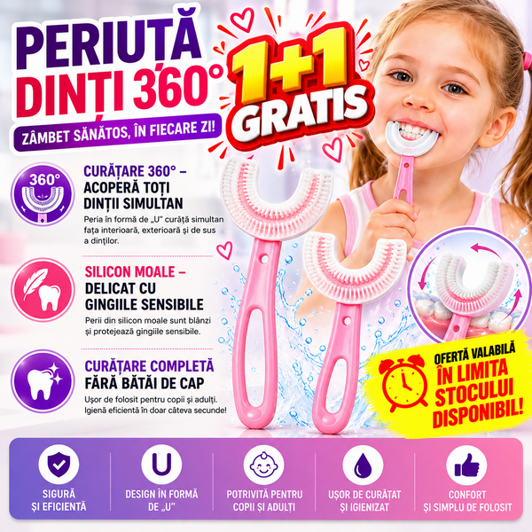 1+1 GRATIS Periuta de dinti pentru copii, 2-7 ani, in forma de U, din silicon, periaj si curatare gingii 360, Roz