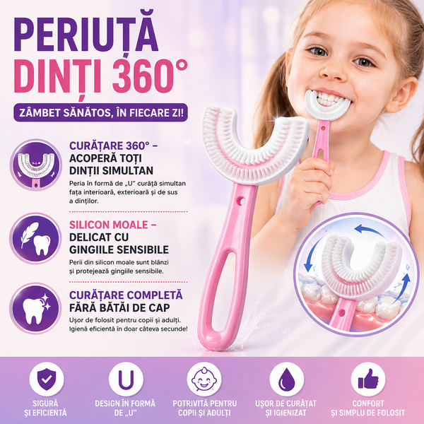 1+1 GRATIS Periuta de dinti pentru copii, 2-7 ani, in forma de U, din silicon, periaj si curatare gingii 360, Roz