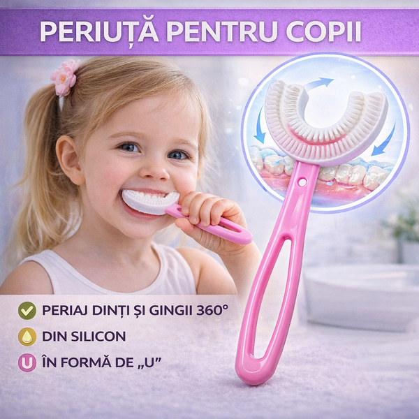 1+1 GRATIS Periuta de dinti pentru copii, 2-7 ani, in forma de U, din silicon, periaj si curatare gingii 360, Roz