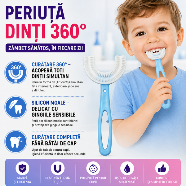 1+1 GRATIS Periuta de dinti pentru copii, 2-7 ani, in forma de U, din silicon, periaj si curatare gingii 360, Bleu