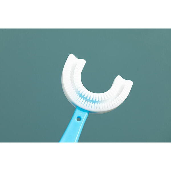 1+1 GRATIS Periuta de dinti pentru copii, 2-7 ani, in forma de U, din silicon, periaj si curatare gingii 360, Bleu