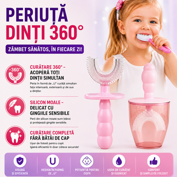 1+1 GRATIS Periuta de dinti pentru copii, 2-6 ani, cu capac protectie, in forma de U, din silicon, periaj si curatare gingii 360, Roz