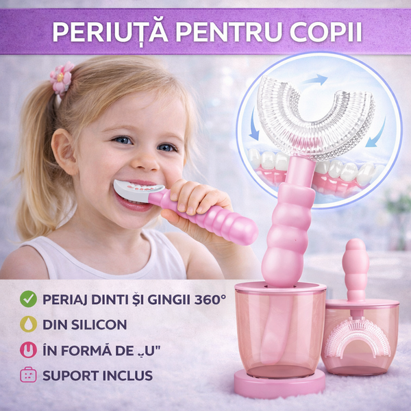 1+1 GRATIS Periuta de dinti pentru copii, 6-12 ani, cu capac protectie, in forma de U, din silicon, periaj si curatare gingii 360, Roz
