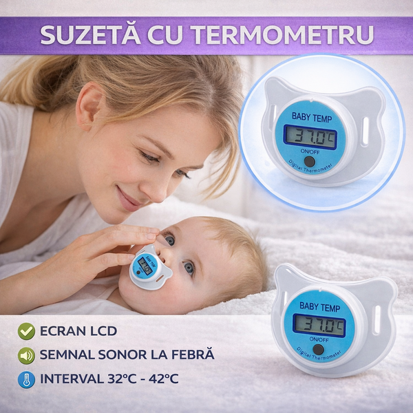 1+1 GRATIS Suzeta cu termometru pentru bebelusi, cu protectie, Bleu