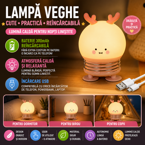 1+1 GRATIS Lampa de noapte, de veghe, pentru copii sau bebelusi, Portabila, Baterie Reincarcabila  300mAh, Rose