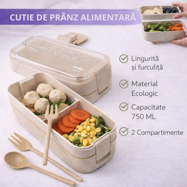1+1 GRATIS Cutie de pranz alimentara, Lingura si Furculita Incluse, 750 ml, Bej, Din Material Ecologic
