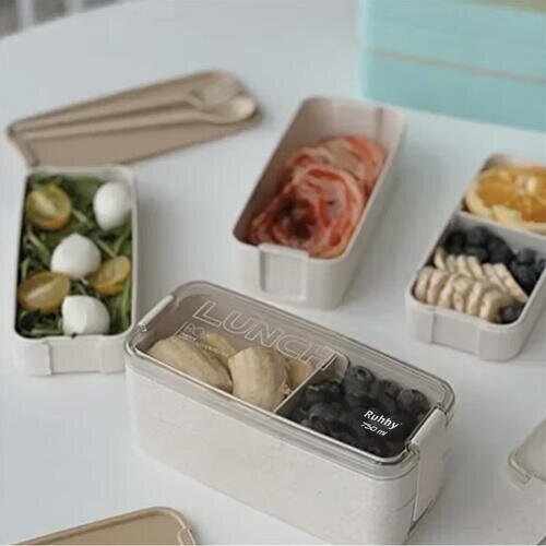 1+1 GRATIS Cutie de pranz alimentara, Lingura si Furculita Incluse, 750 ml, Bej, Din Material Ecologic