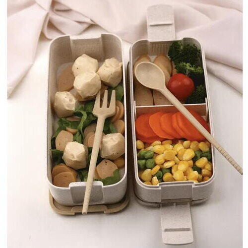 1+1 GRATIS Cutie de pranz alimentara, Lingura si Furculita Incluse, 750 ml, Bej, Din Material Ecologic