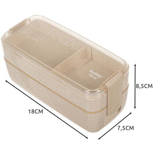 1+1 GRATIS Cutie de pranz alimentara, Lingura si Furculita Incluse, 750 ml, Bej, Din Material Ecologic