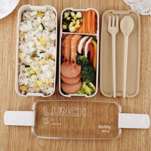1+1 GRATIS Cutie de pranz alimentara, Lingura si Furculita Incluse, 750 ml, Bej, Din Material Ecologic