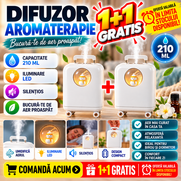 1+1 GRATIS Umidificator de aer cu ultrasunete, 210ML, cu iluminat LED, pentru casa si birou STH-23