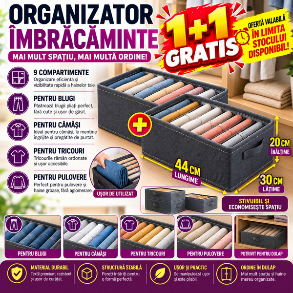 1+1 GRATIS Organizator imbracaminte cu 9 compartimente pentru blugi, pulovere, camasi, 44x30x20 Gri