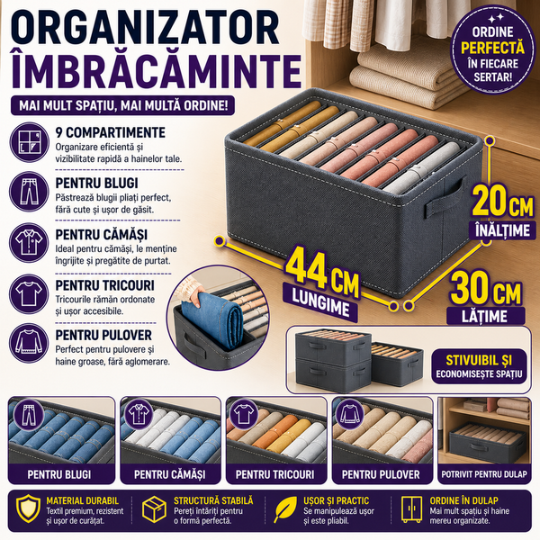 1+1 GRATIS Organizator imbracaminte cu 9 compartimente pentru blugi, pulovere, camasi, 44x30x20 Gri