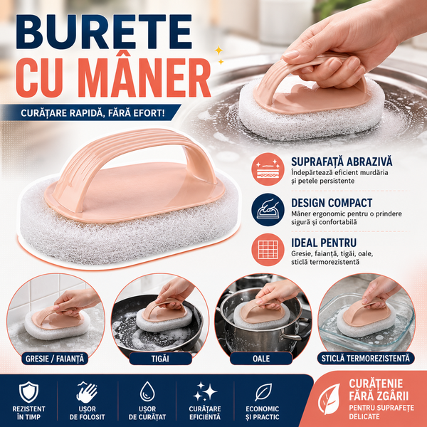 1+1 GRATIS Burete de curatat cu maner, Suprafata dura, Roz