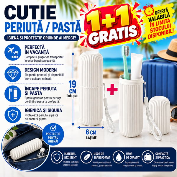 1+1 GRATIS Cutie protectie periuta si pasta de dinti, Ideal pentru calatorie, Alb