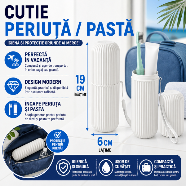 1+1 GRATIS Cutie protectie periuta si pasta de dinti, Ideal pentru calatorie, Alb