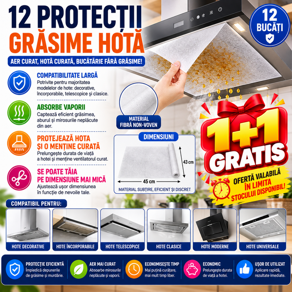 1+1 GRATIS Protectie hota universala pentru grasime, 43x45CM, 12 buc