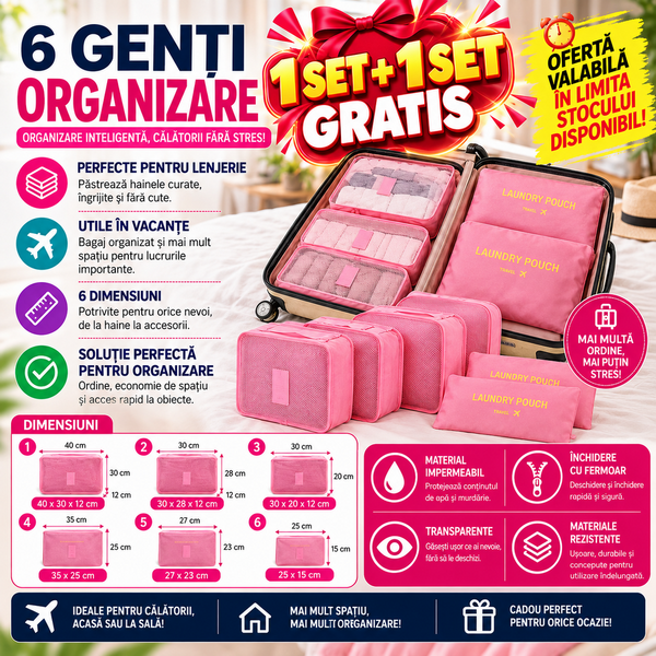 1+1 GRATIS Set 6 genti pentru organizare si depozitare valiza, Roz