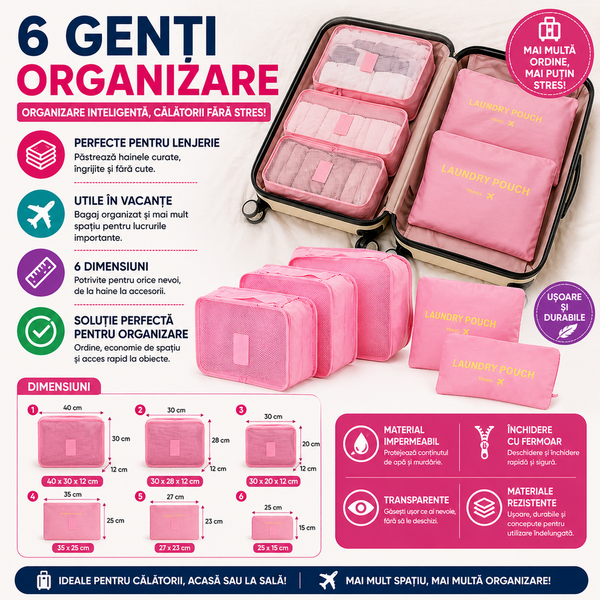 1+1 GRATIS Set 6 genti pentru organizare si depozitare valiza, Roz