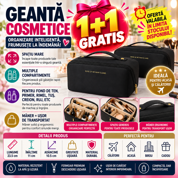 1+1 GRATIS Geanta cosmetice si parfumuri, cu maner, ideal geanta bagaj, Negru