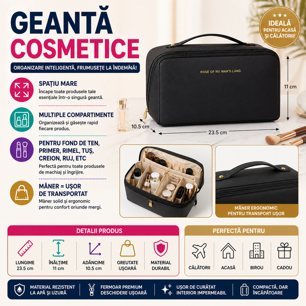 1+1 GRATIS Geanta cosmetice si parfumuri, cu maner, ideal geanta bagaj, Negru